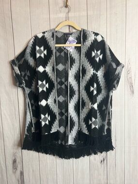 American Eagle Outfitters Black & Gray Aztec Fringe Poncho Cardigan